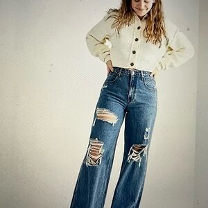 Free People We the Free CRVY Destructed Straight Leg Jeans Wide Distressed